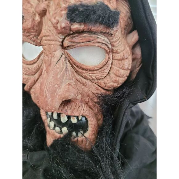 Halloween Vintage Old Man Wrinkled Face Rubber Mask w/Black Hood Cloak Costume - Picture 4 of 10